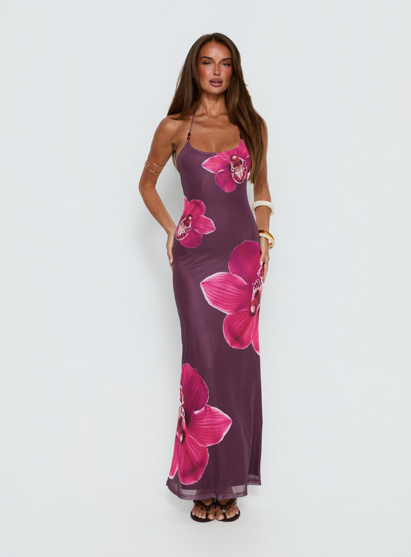 Kamina Beaded Halter Maxi Dress | Plum Floral | Womens | Princess Polly Lower Impact Kamina Beaded Halter Maxi Dress | Plum Floral | Womens | Princess Polly Lower Impact