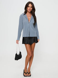 front view of model wearing Princess Polly Louie Pleated Shirt Blue Full Sleeves V-Neck 