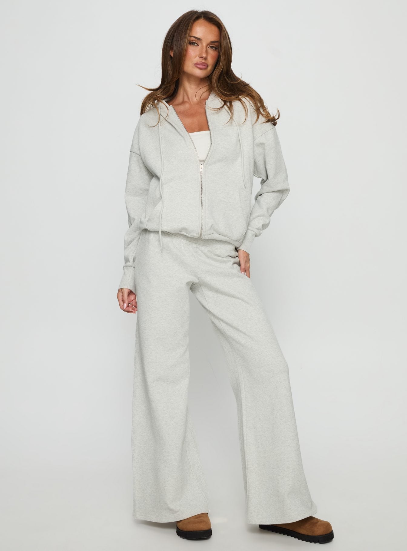 front view of model wearing Princess Polly All Day Oversized Hoodie Grey Marle cropped 