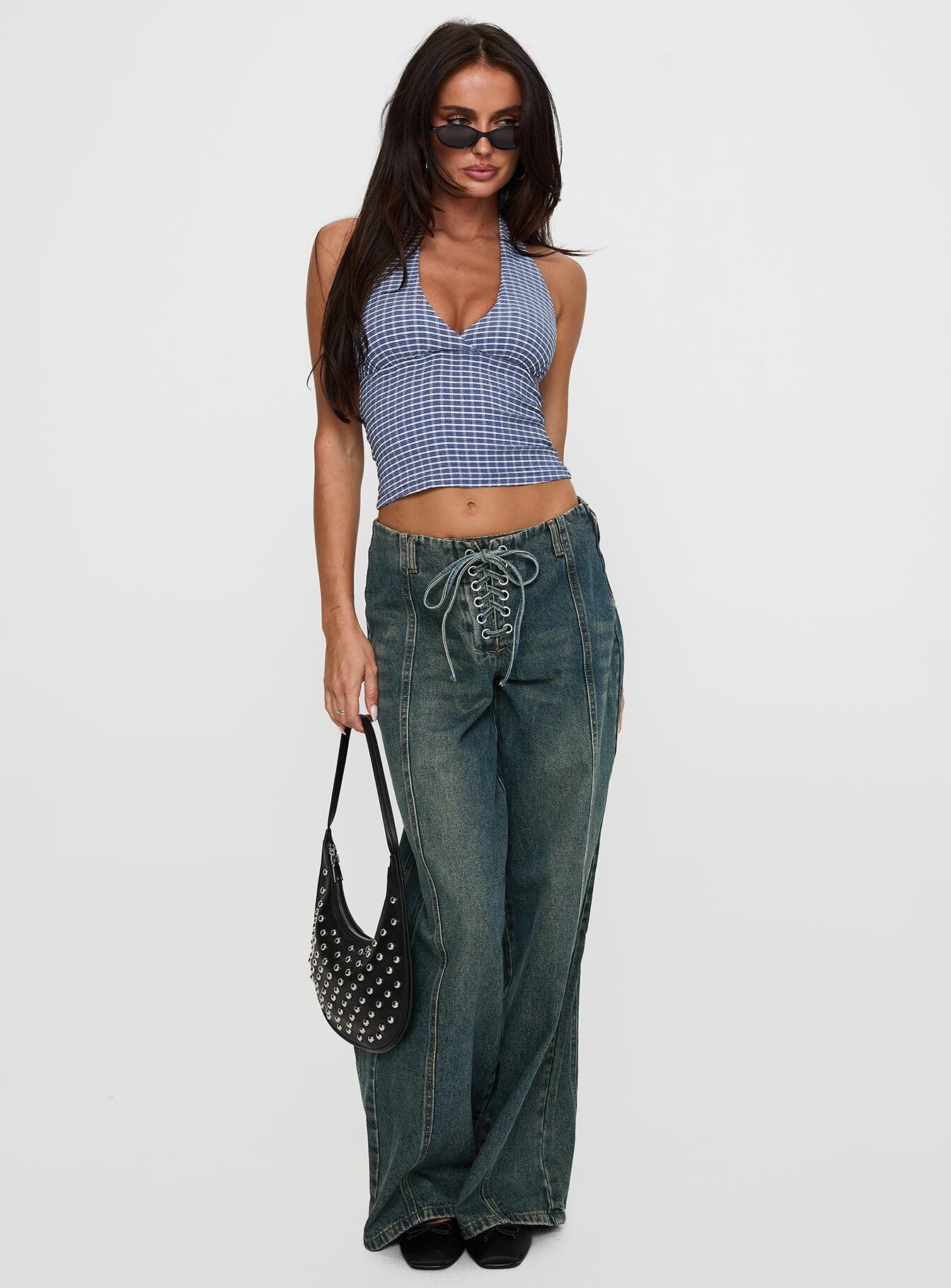 front view of model wearing Princess Polly San Mateo Tie Up Jeans Vintage Wash Low Rise Jeans 