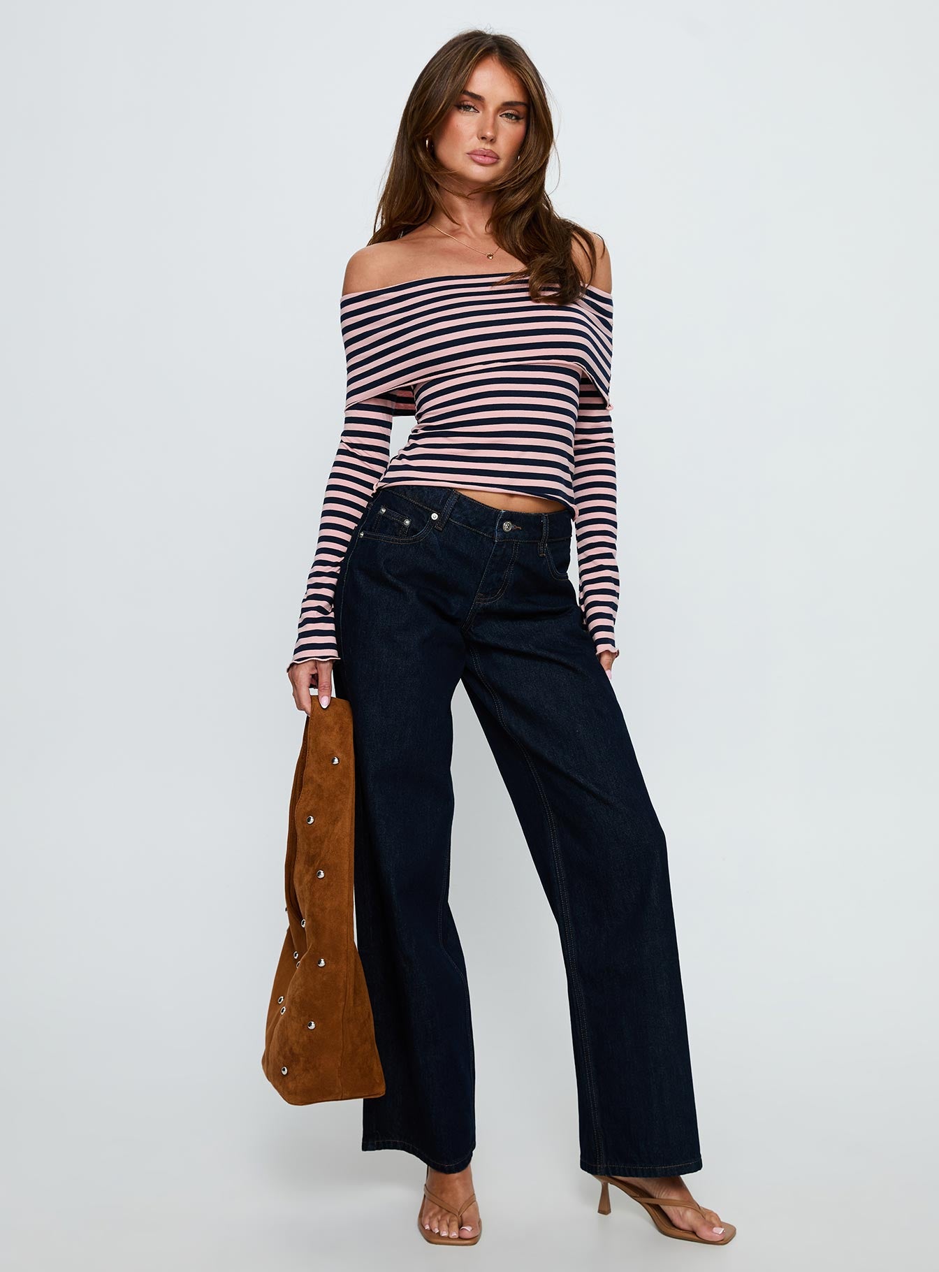 front view of model wearing Princess Polly Ellanor Low Rise Straight Leg Jeans Indigo Blue Low Rise Jeans 