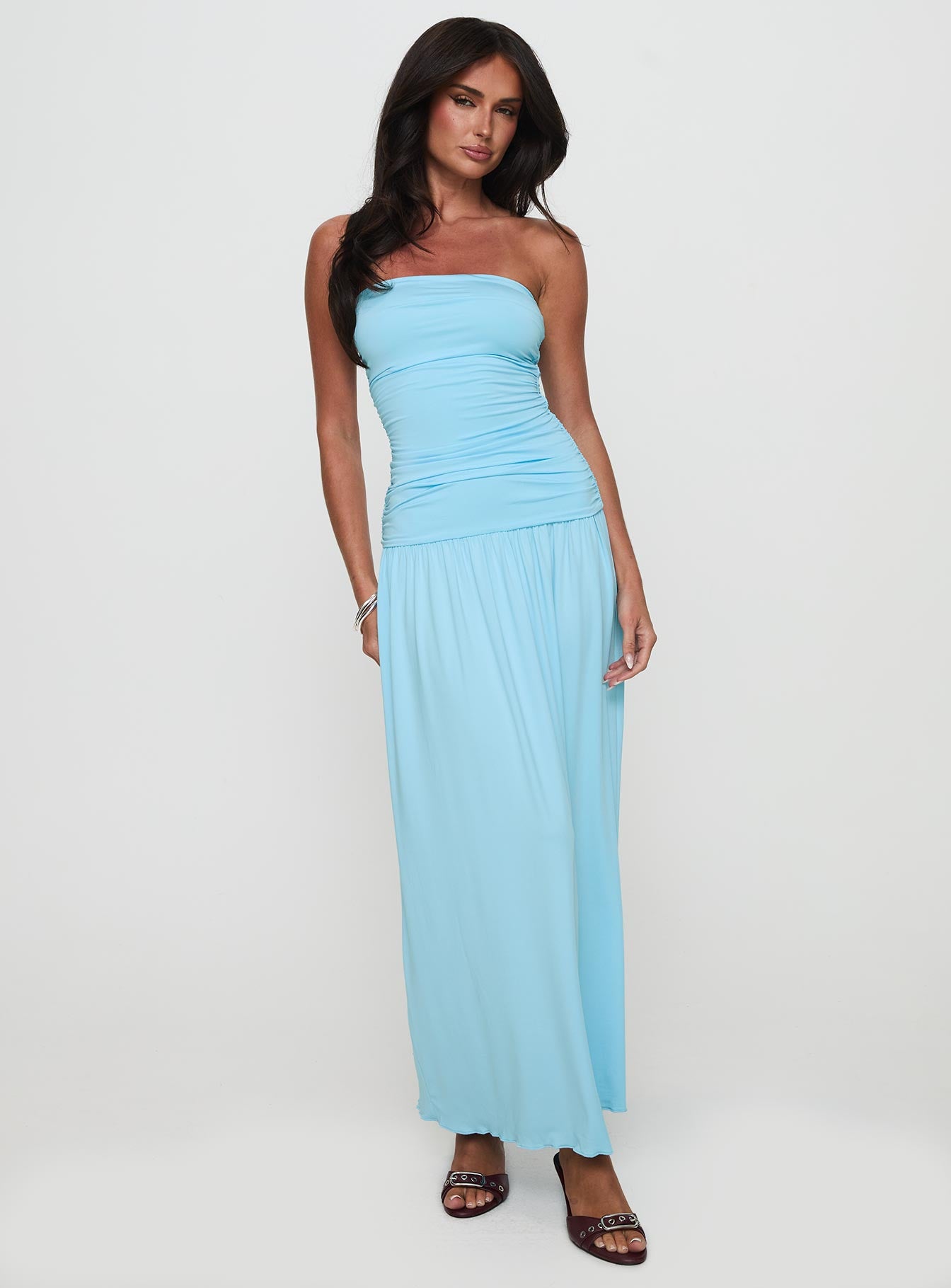 front view of model wearing Princess Polly Glorie Strapless Maxi Dress Light Blue Petite Straight Neck 