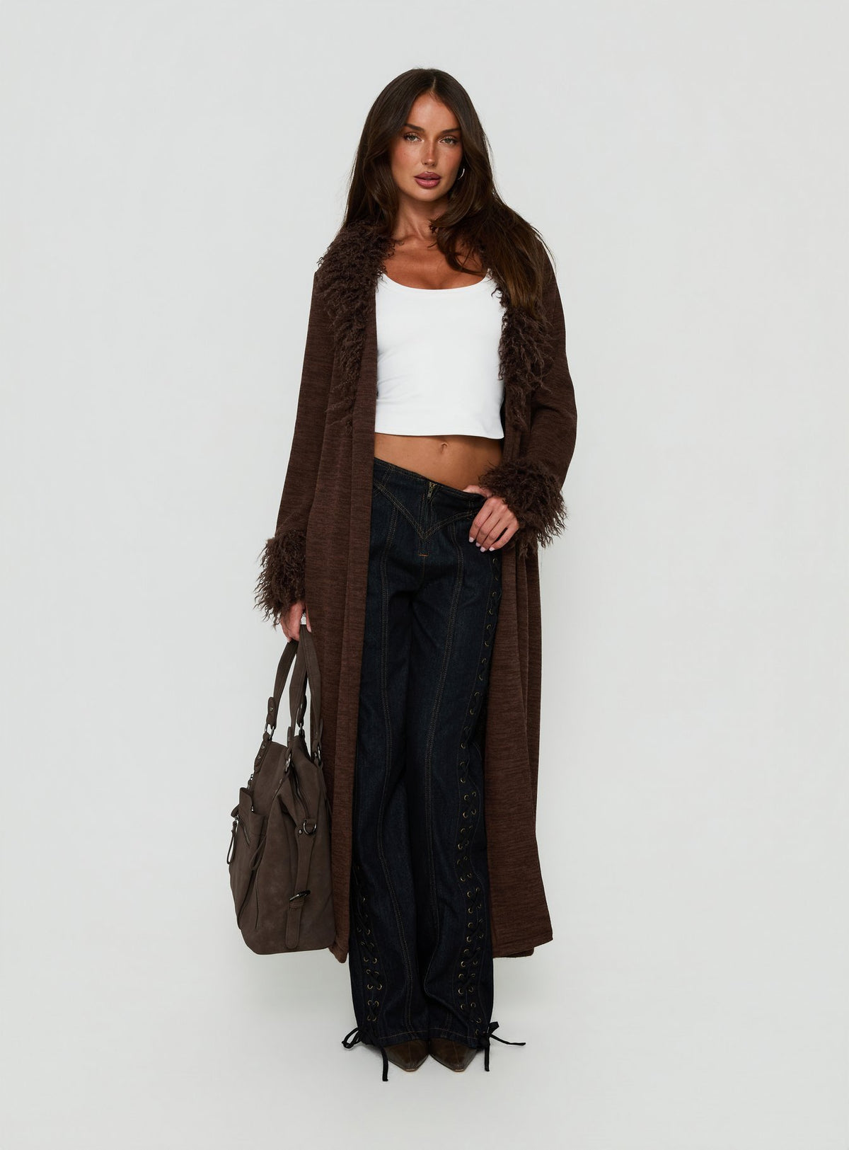 Marriah Longline Faux Fur Trim Cardigan Chocolate