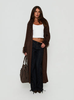 Marriah Longline Faux Fur Trim Cardigan Chocolate