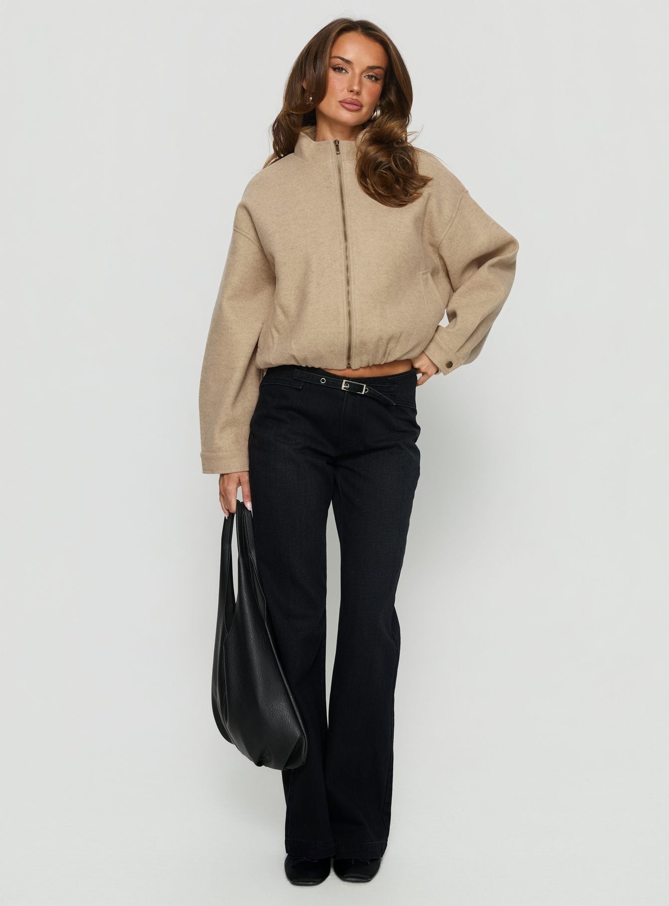 Chayden Cropped Bomber Jacket Beige | Princess Polly