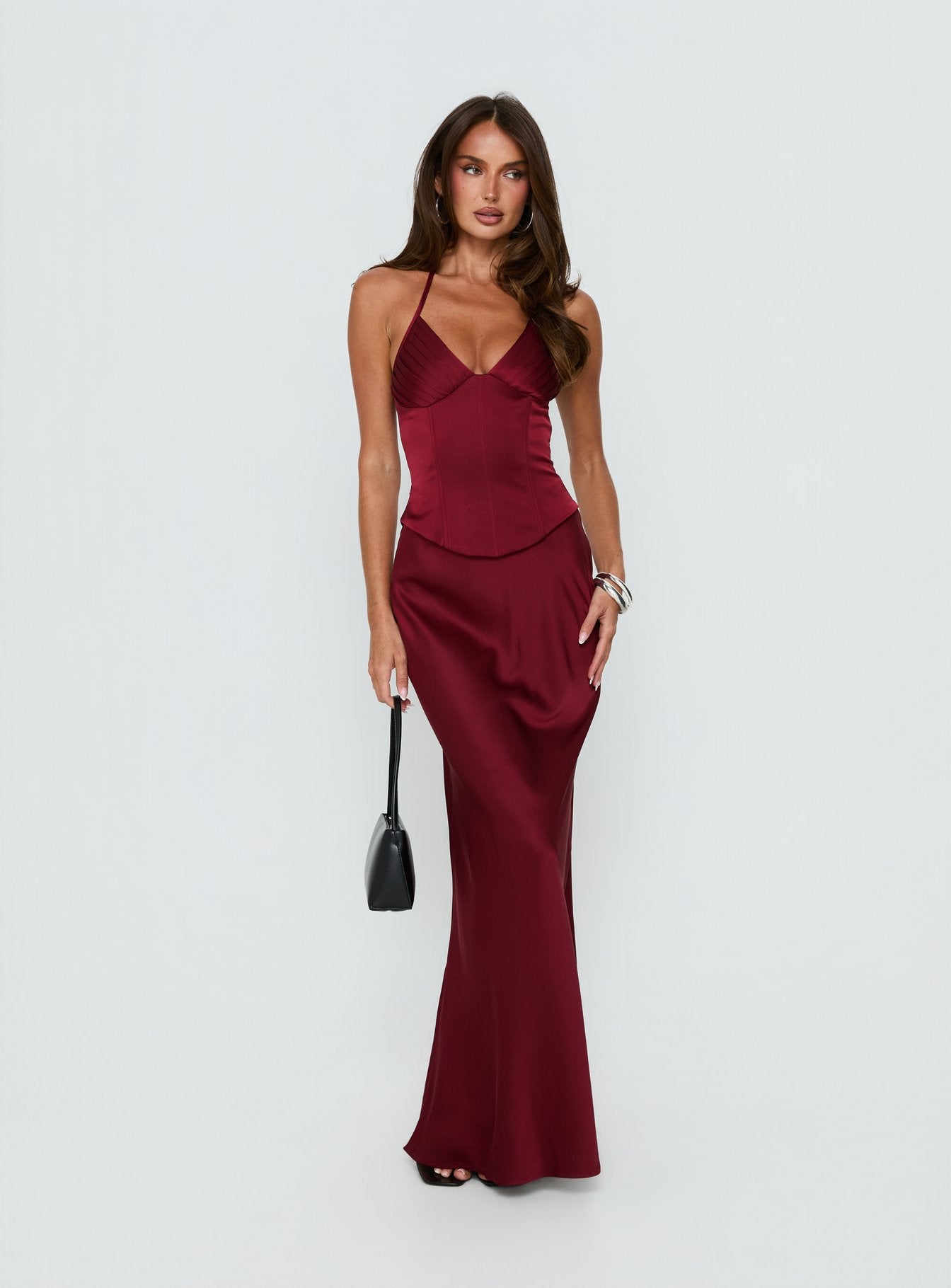 Devotedness Satin Corset Maxi Dress Deep Red | Princess Polly Devotedness Satin Corset Maxi Dress Deep Red | Princess Polly