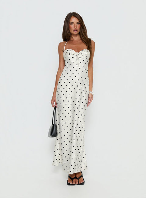 Costella Halter Satin Backless Maxi Dress | Cream Polka Dot | Womens | Princess Polly Costella Halter Satin Backless Maxi Dress | Cream Polka Dot | Womens | Princess Polly