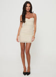 Lace mini dress Bustier style, adjustable straps, ruched at sides, invisible zip fastening Good stretch, fully lined 