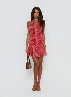 Alvira Halter Mini Dress Red Paisley