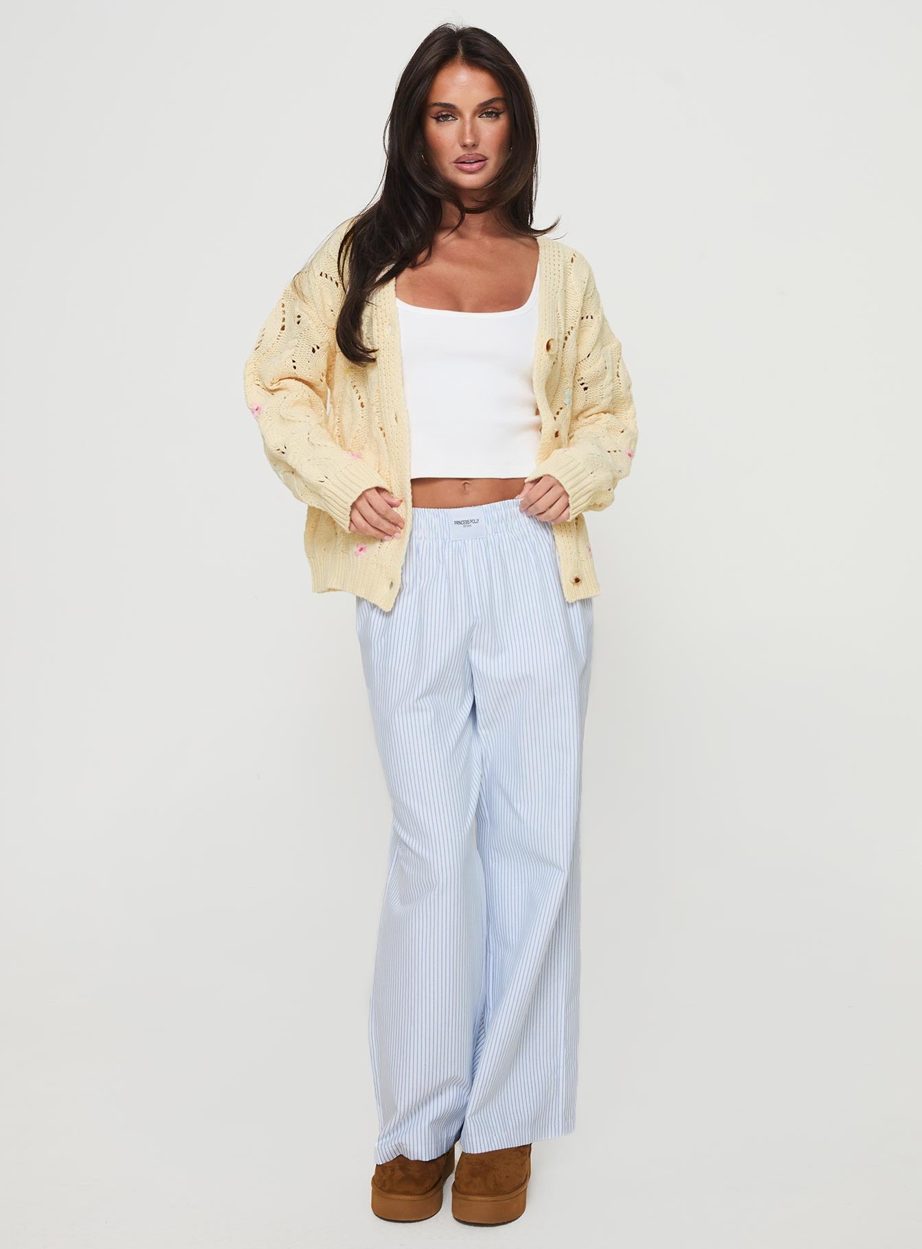 front view of model wearing Princess Polly Daffodil Cardigan Cream Cropped 