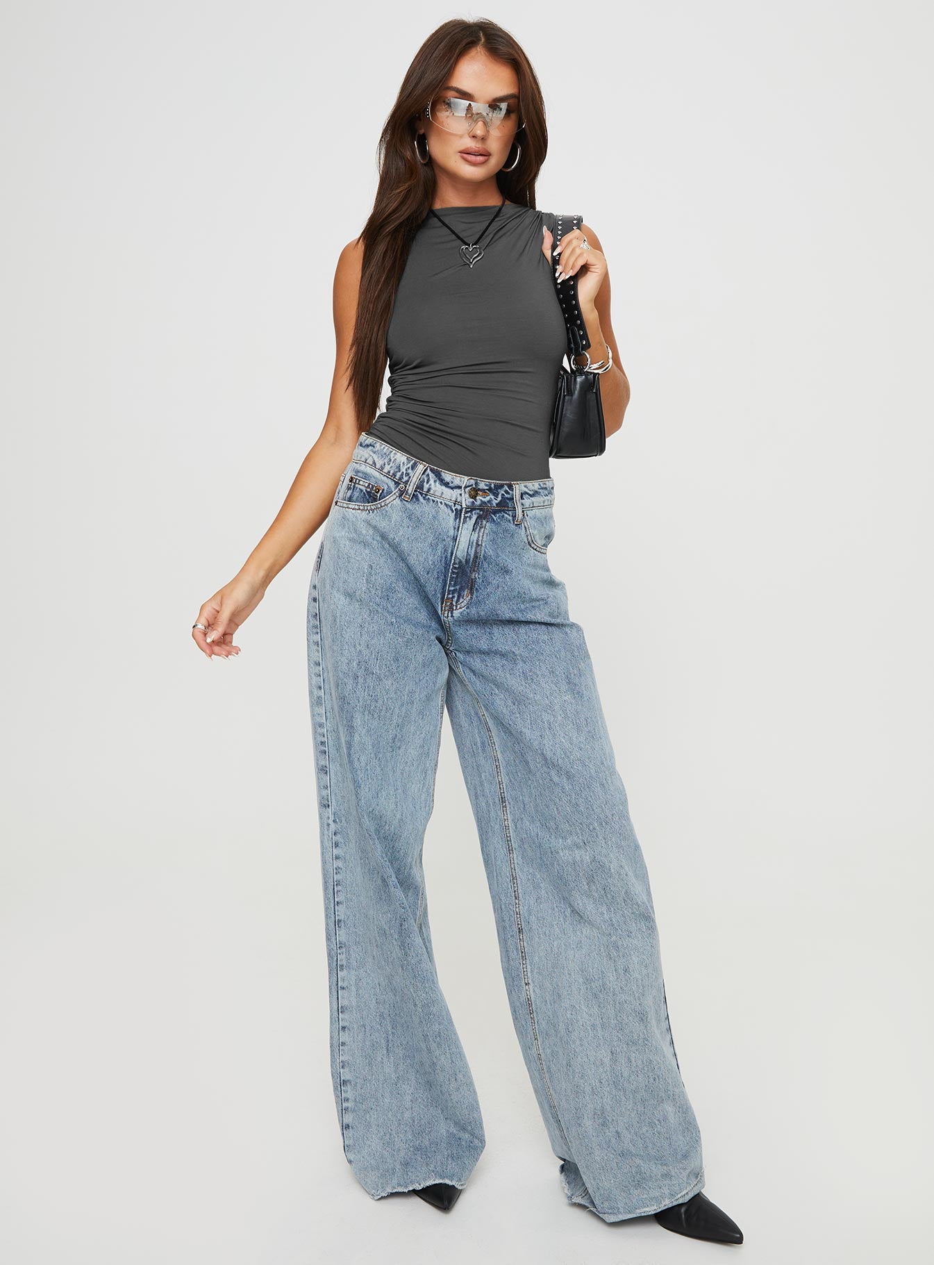 side view of model wearing Princess Polly Josefine Bodysuit Grey Sleeveless 