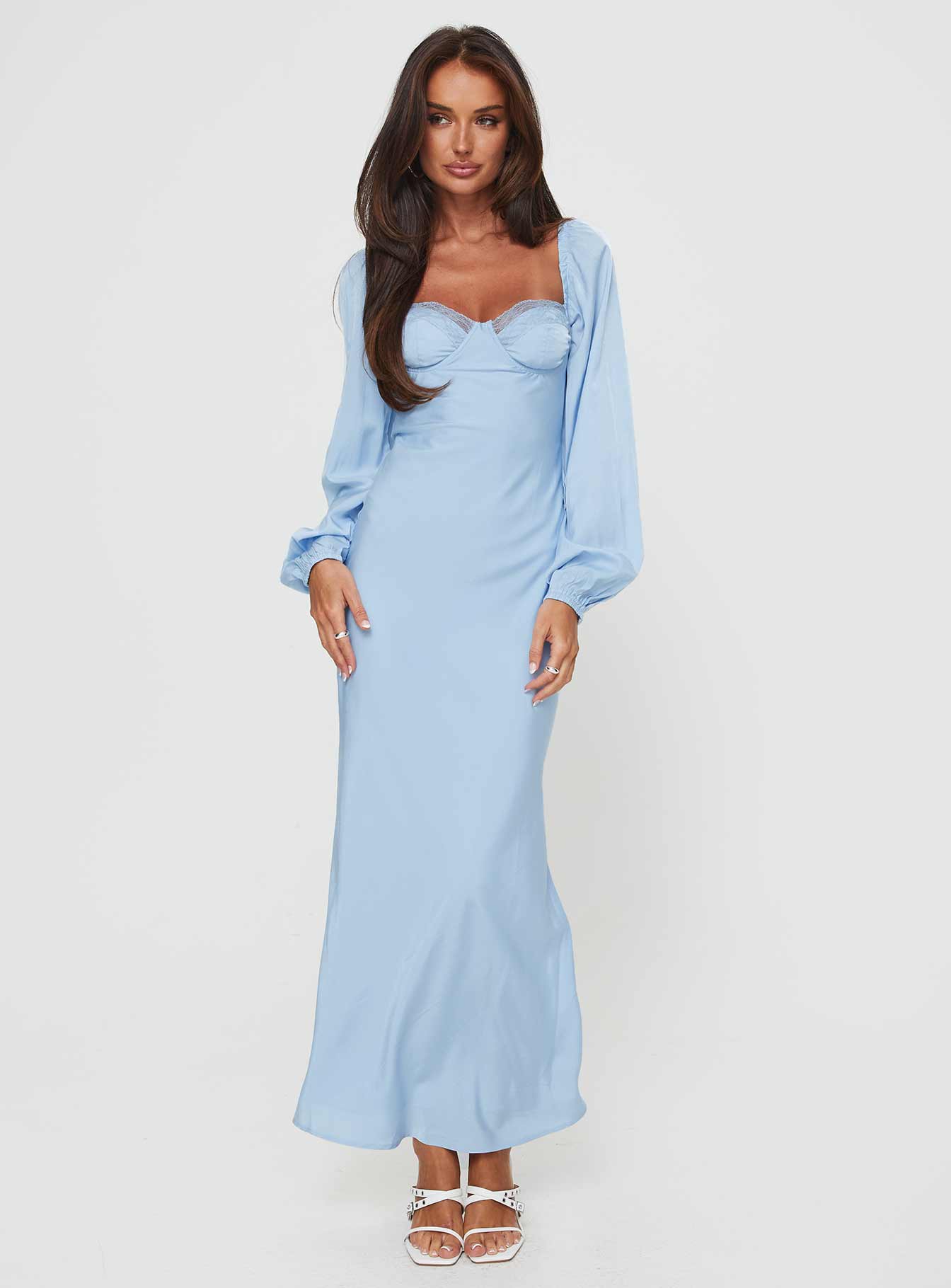 Blue and white outlet long sleeve maxi dress