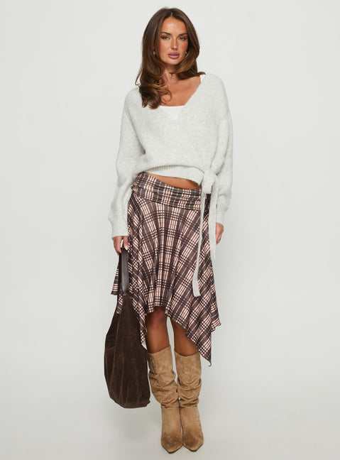 Scholar Asymmetrical Midi Skirt Brown Check