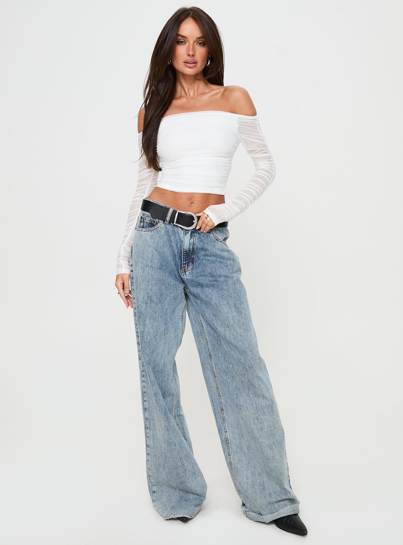 side view of model wearing Princess Polly Hartford Off The Shoulder Top White Full Sleeves straight 