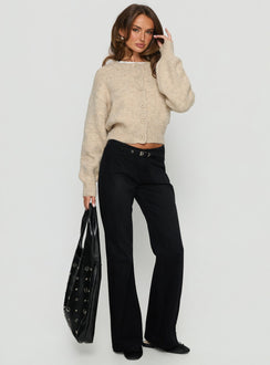 side view of model wearing Princess Polly Trevonn Button Up Knit Cardigan Beige Cropped Jumpers 