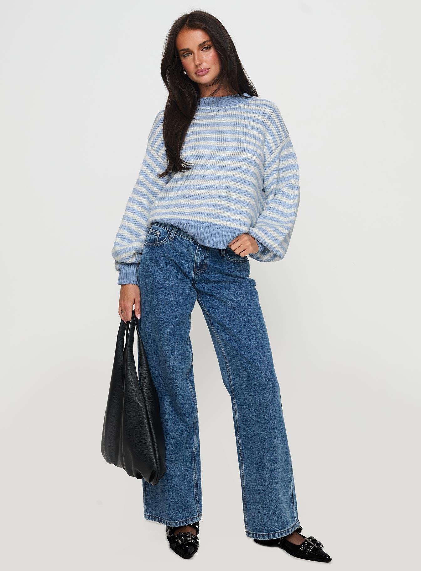 front view of model wearing Princess Polly Harmony Balloon Sleeve Knit Sweater Blue / White Stripe Cropped 