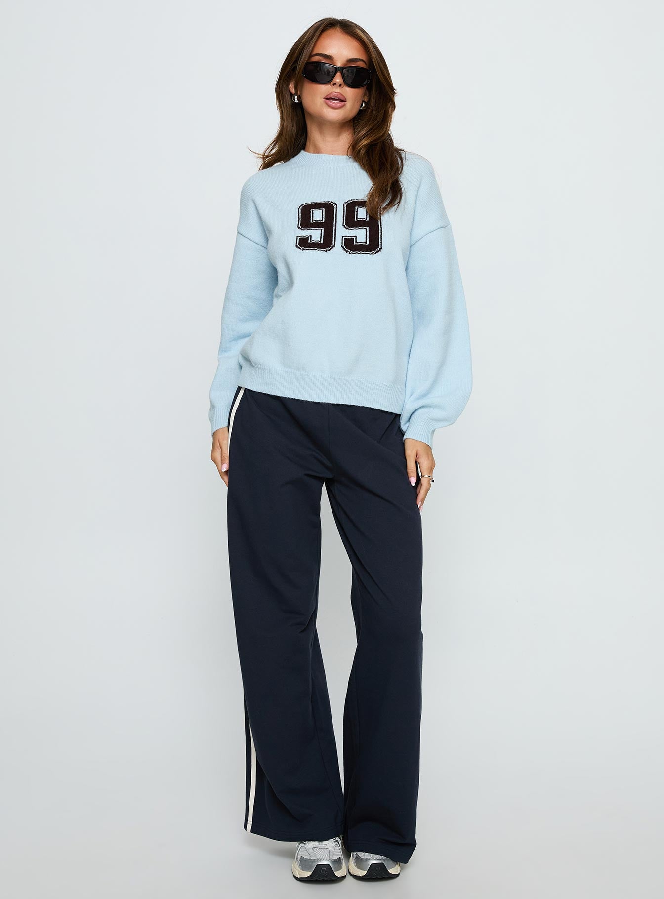 front view of model wearing Princess Polly Ranee Graphic Knit Sweater Blue 