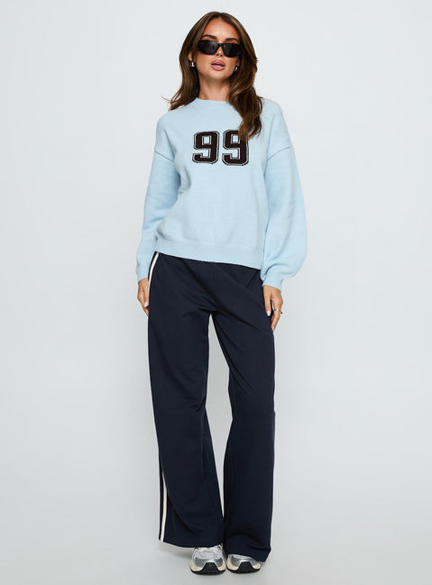 front view of model wearing Princess Polly Ranee Graphic Knit Sweater Blue 