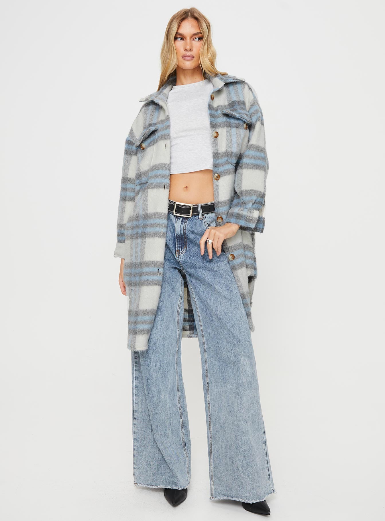 Salonge longline plaid shacket blue check