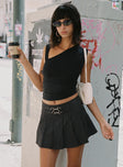 front view of model wearing Princess Polly Ander Top Black Sleeveless Asymmetric Neckline 