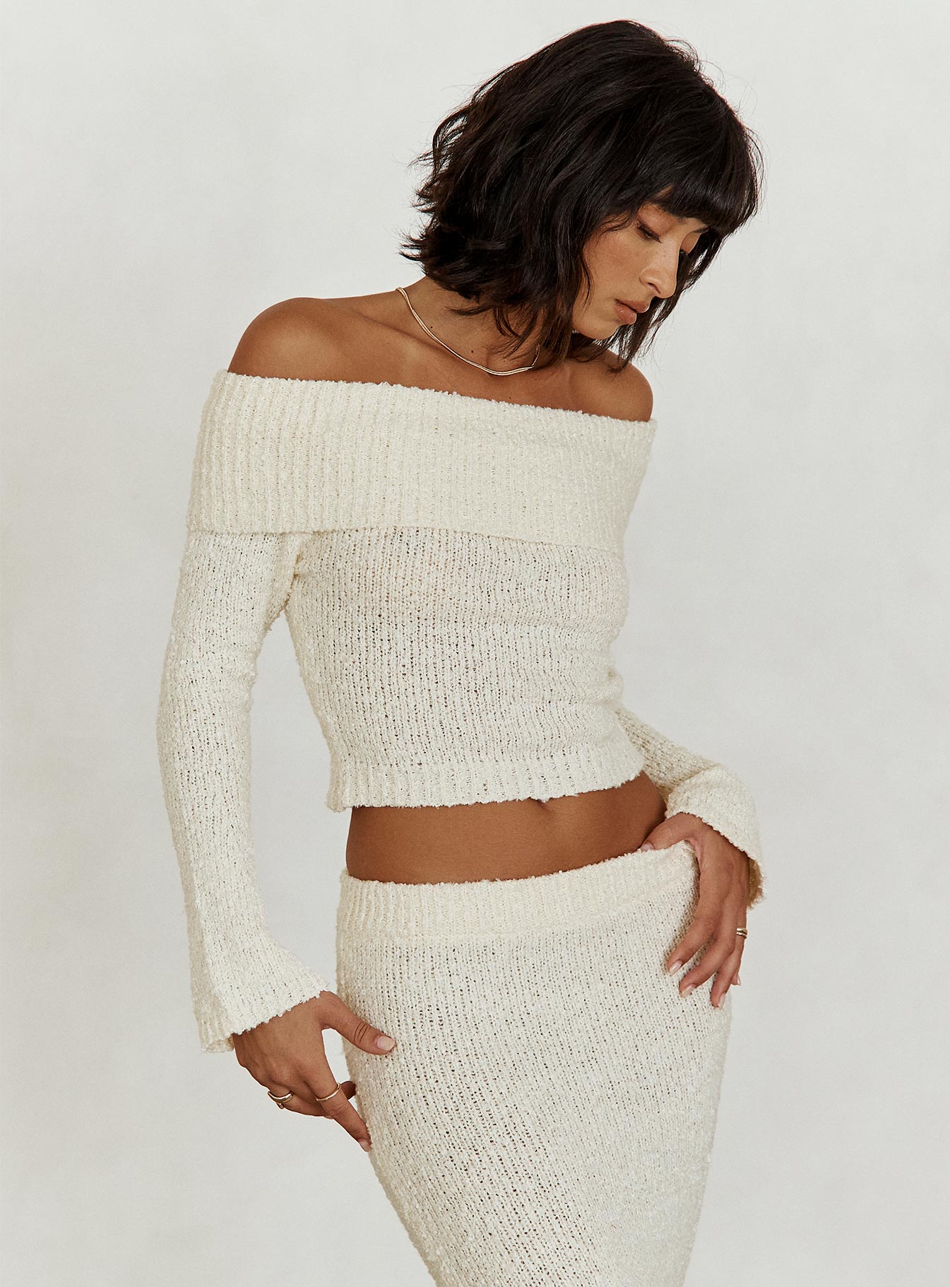 Snowy off the shoulder boucle sweater cream