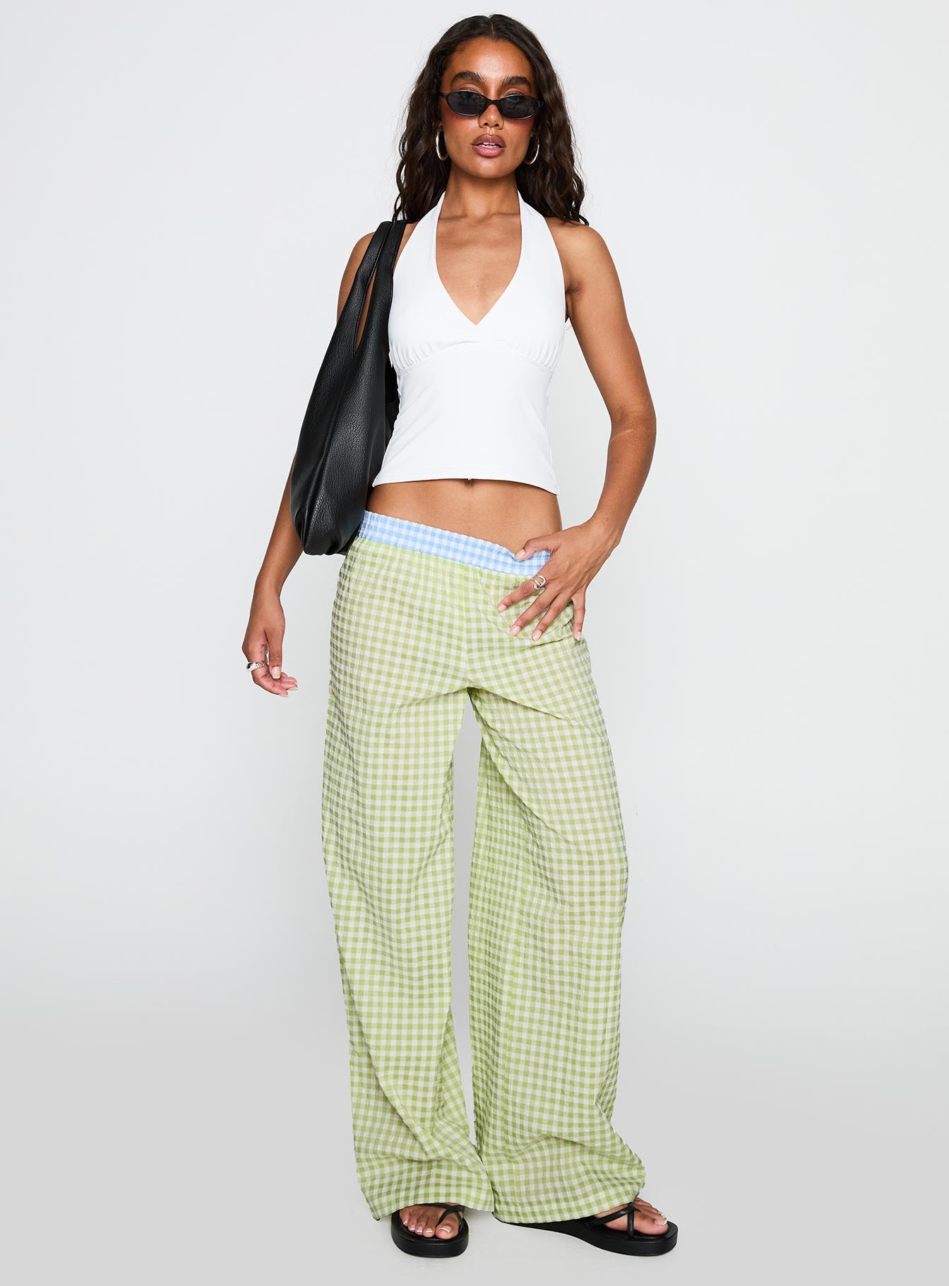 front view of model wearing Princess Polly Neevie Wide Leg Pants Green High Waisted Pants 
