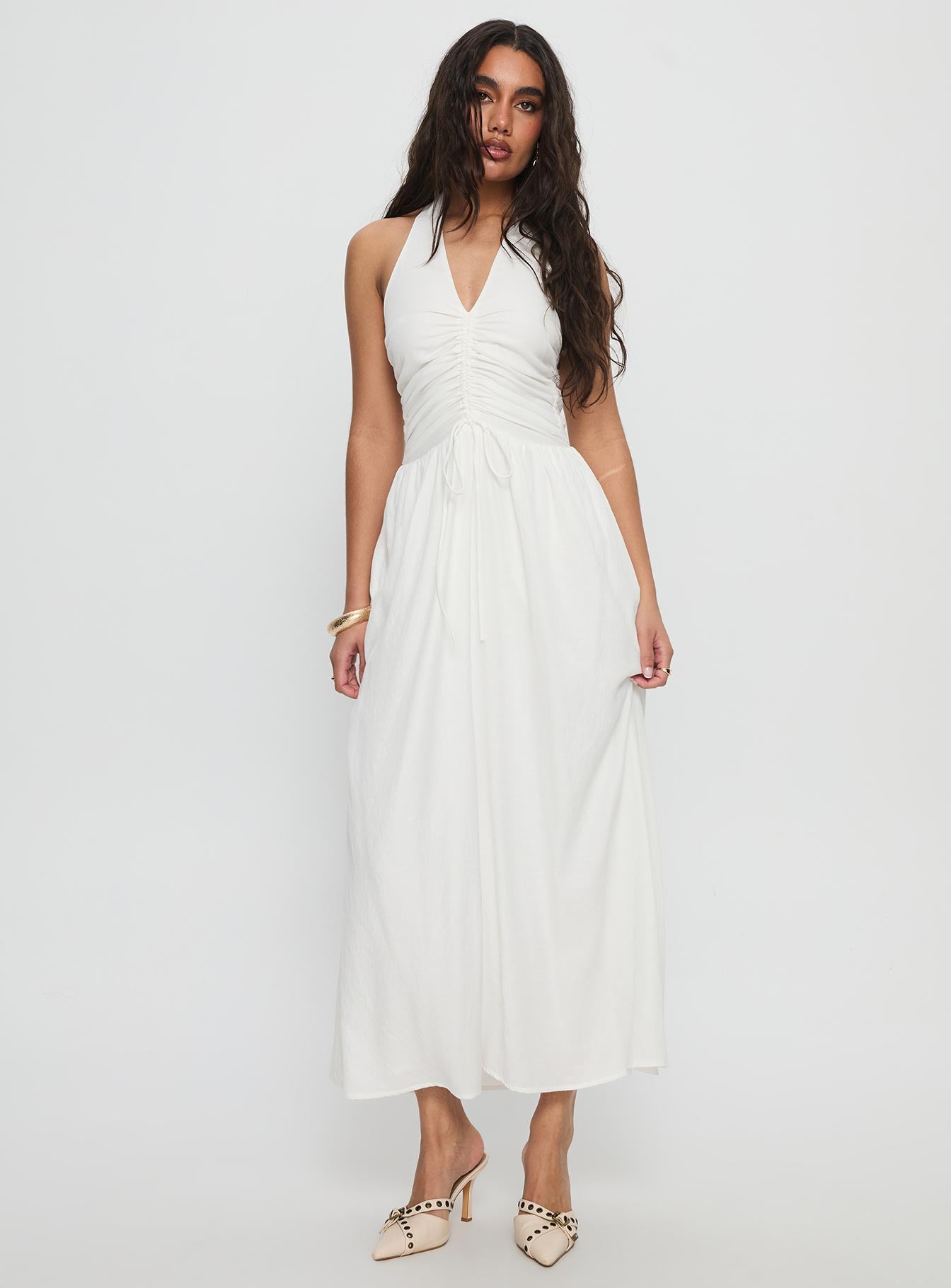 Jozefine Halter Ruche Maxi Dress White | Princess Polly Jozefine Halter Ruche Maxi Dress White | Princess Polly