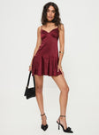 front view of model wearing Princess Polly Valeska Mini Dress Burgundy V-Neck 