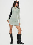 front view of model wearing Princess Polly Pratt Long Sleeve Mini Dress Grey Boat Neck 