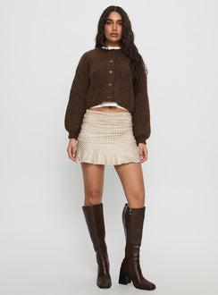 front view of model wearing Princess Polly Hadly Knit Cardigan Brown cropped 