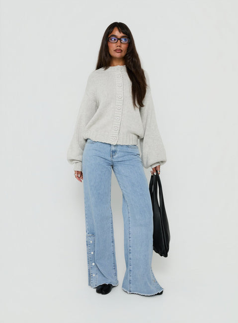 Showcasing the Edern Cardigan Light Grey Marle womens-jumpers in short oversized front view of model wearing
