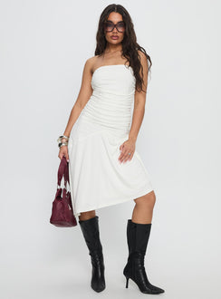 Rienna Strapless Asymmetrical Midi Dress White
