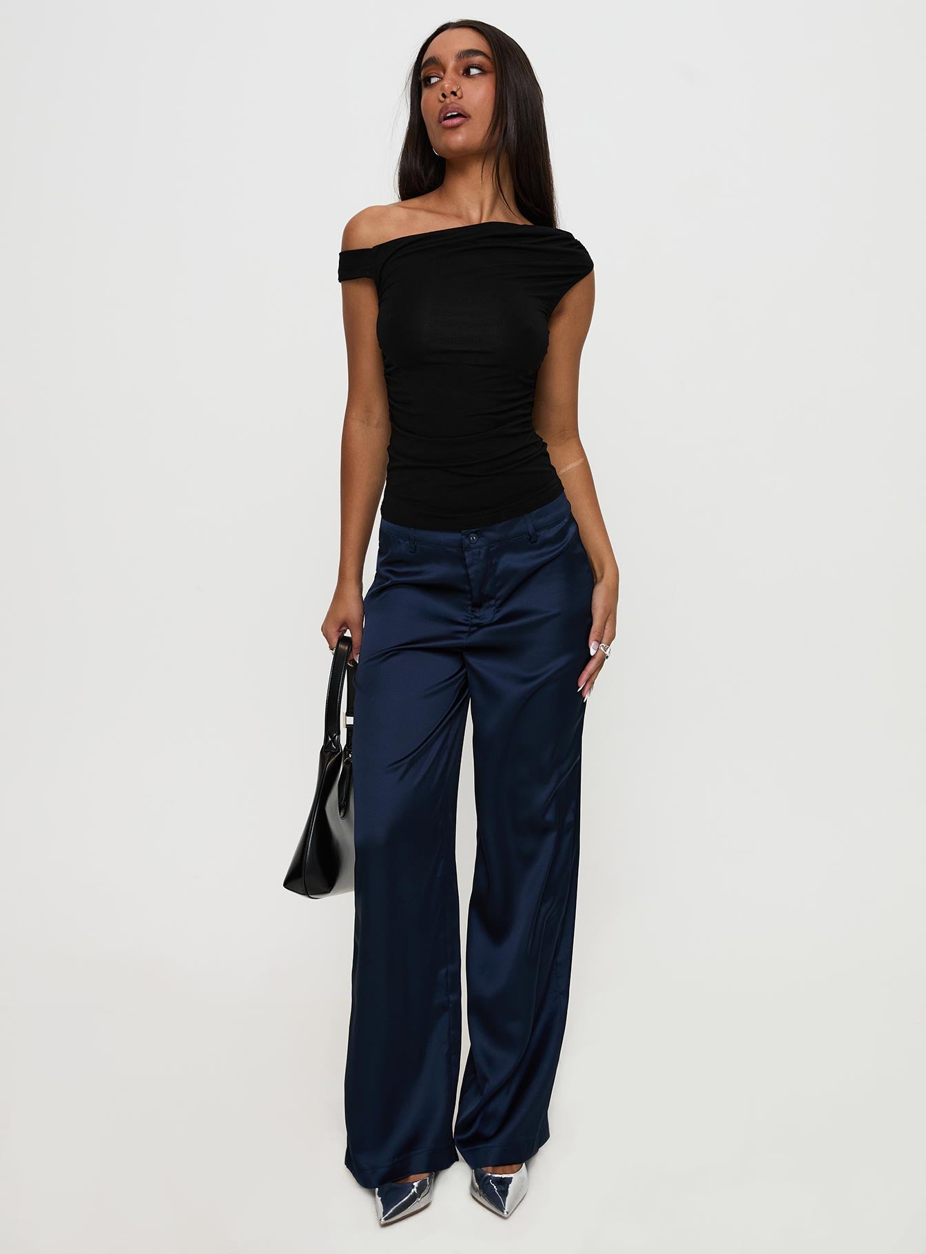 front view of model wearing Princess Polly Alaina Pants Navy High Waisted Pants 