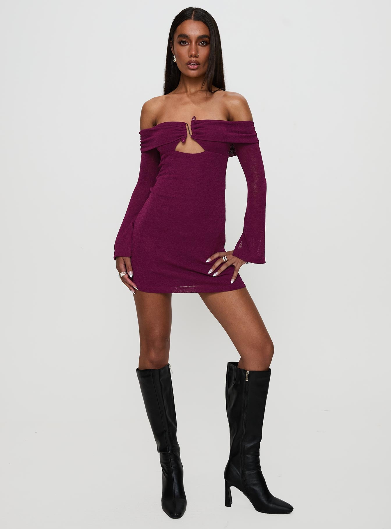 front view of model wearing Princess Polly Firenza Long Sleeve Mini Dress Purple Sweetheart Neckline 