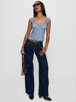 back view of model wearing Princess Polly Branwen Cap Sleeve Tie Detail Top Blue Floral Sleeveless Sweetheart 