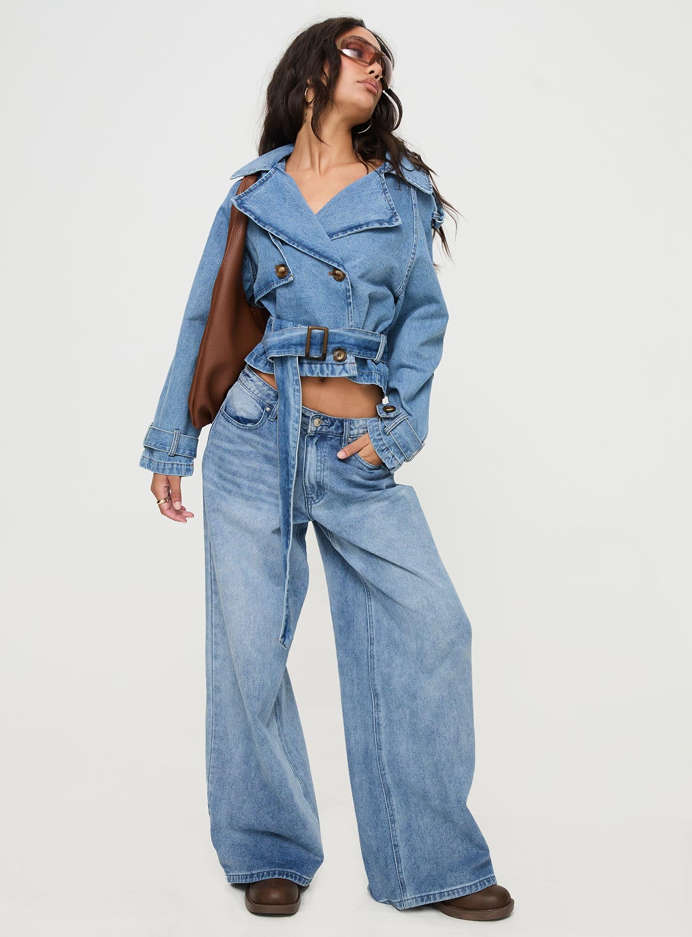 Aurelio cropped denim trench coat light denim wash