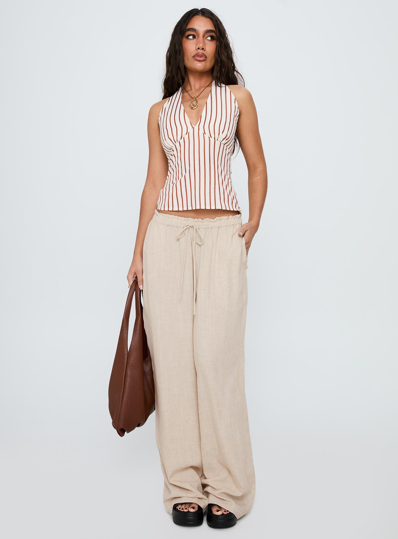 front view of model wearing Princess Polly Seascape Oversize Tie Pants Natural High Waisted Pants 