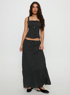   front view of model wearing Princess Polly Modern Girl Maxi Skirt Black / Polka Dot 
