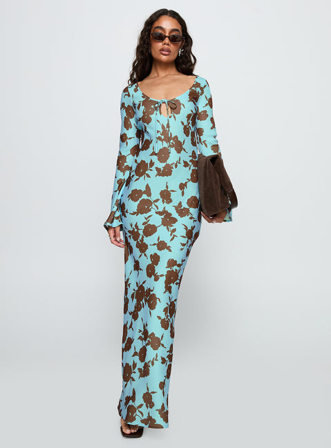 Elorie Long Sleeve Maxi Dress Blue / Brown | Princess Polly Elorie Long Sleeve Maxi Dress Blue / Brown | Princess Polly