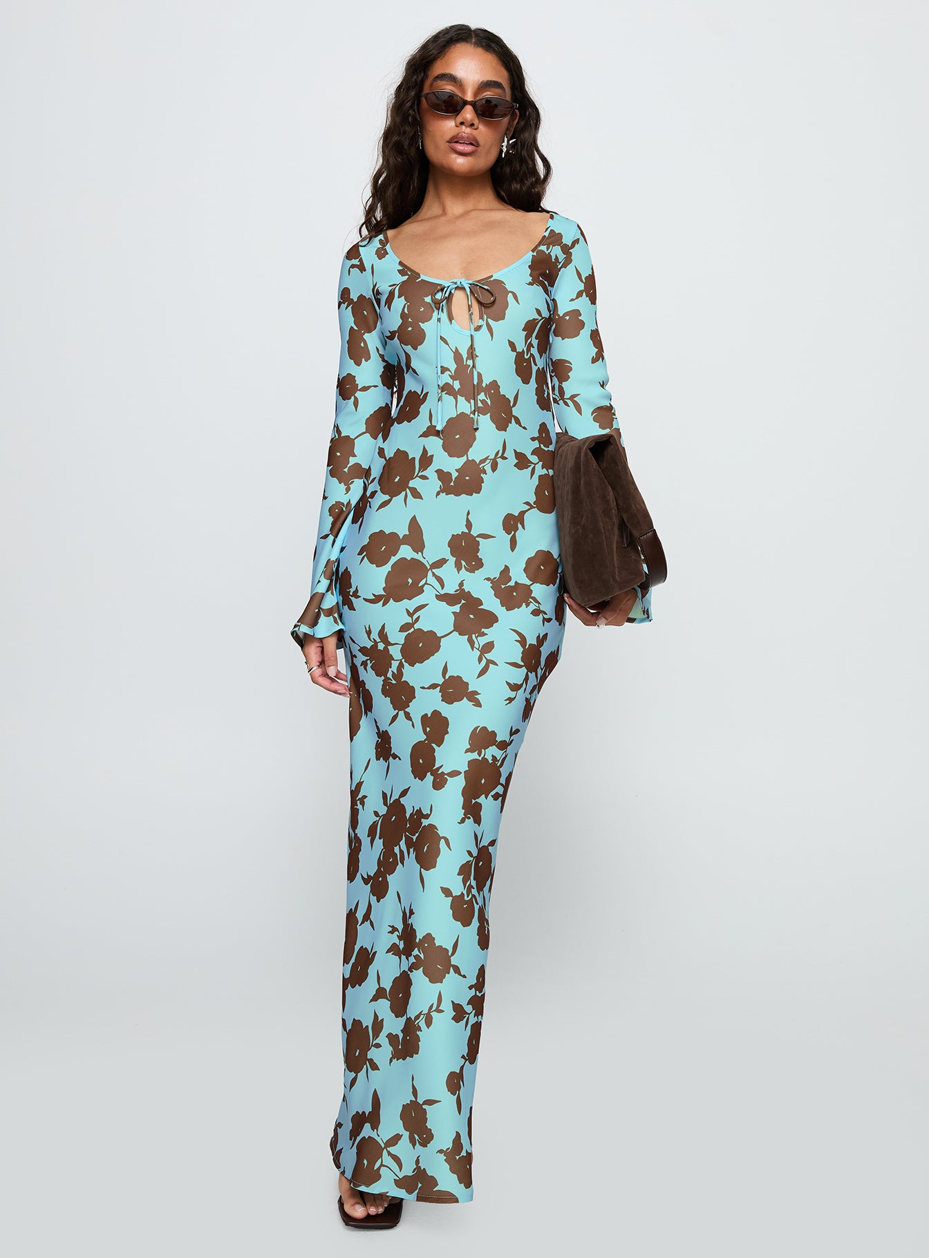 front view of model wearing Princess Polly Elorie Long Sleeve Maxi Dress Blue / Brown Scoop Neck 