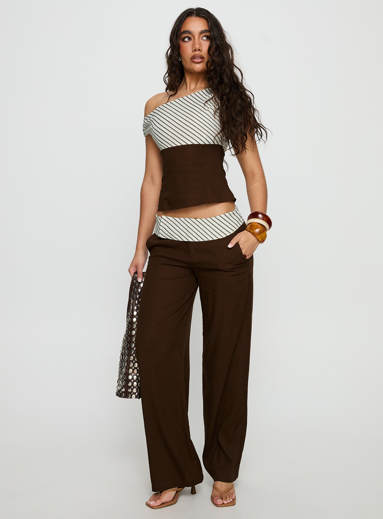 Past Life Fold Over Waistband Pant Brown / Stripe | Princess Polly