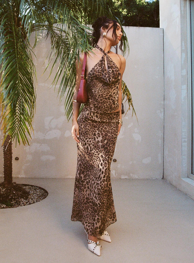   front view of model wearing Princess Polly Eleganza Maxi Skirt Leopard Petite Maxi 