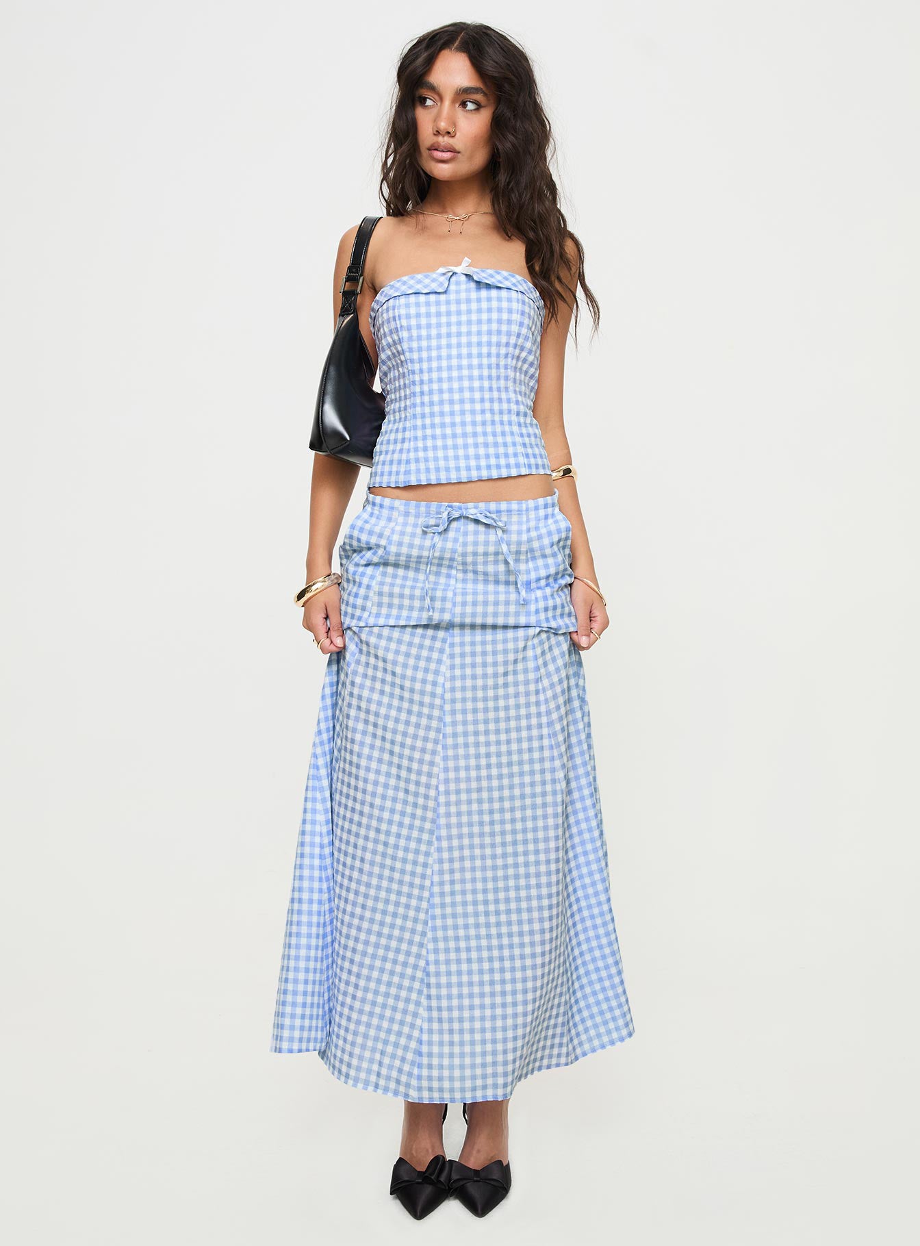   front view of model wearing Princess Polly Carmino Maxi Skirt Blue Check Midi Skirts 