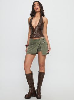   front view of model wearing Princess Polly Generous Wrap Buckle Skort Washed Khaki Mini Skirts 