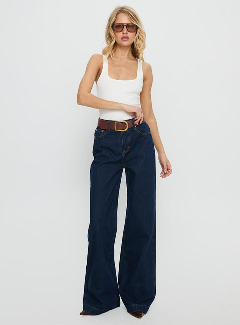 front view of model wearing Princess Polly Goldie High Rise Wide Leg Jeans Indigo High Rise Jeans 