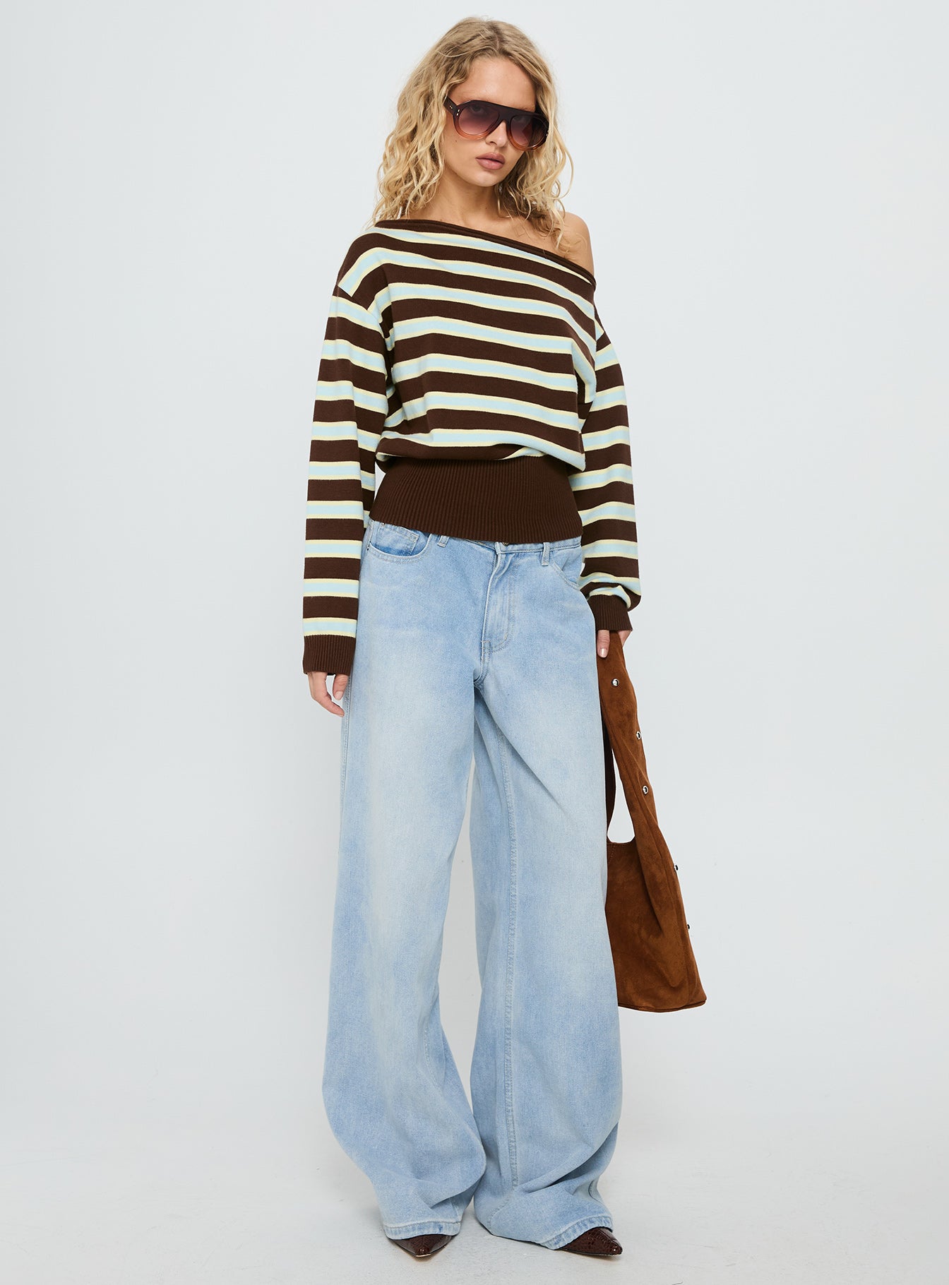 front view of model wearing Princess Polly Zinia Off Shoulder Knit Sweater Brown / Blue Stripe Cropped 
