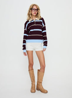 front view of model wearing Princess Polly Aiyanna Collared Rugby Jersey Brown / Blue Stripe cropped 