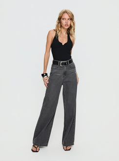 front view of model wearing Princess Polly Nicolo High Rise Straight Leg Jeans Washed Grey High Rise Jeans 