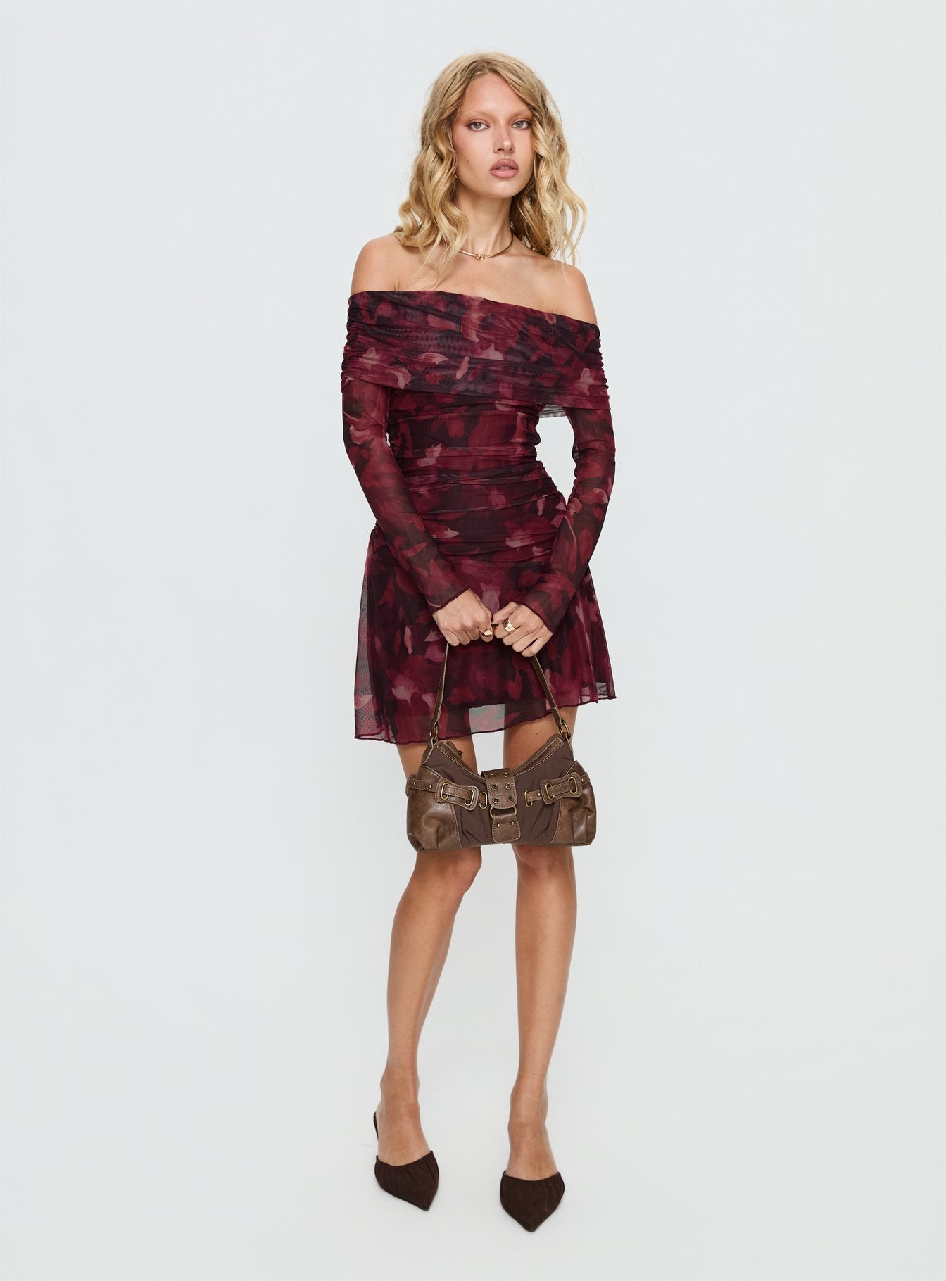 Marrissa Off Shoulder Long Sleeve Mini Dress | Burgundy Floral | Womens | Princess Polly Lower Impact Marrissa Off Shoulder Long Sleeve Mini Dress | Burgundy Floral | Womens | Princess Polly Lower Impact