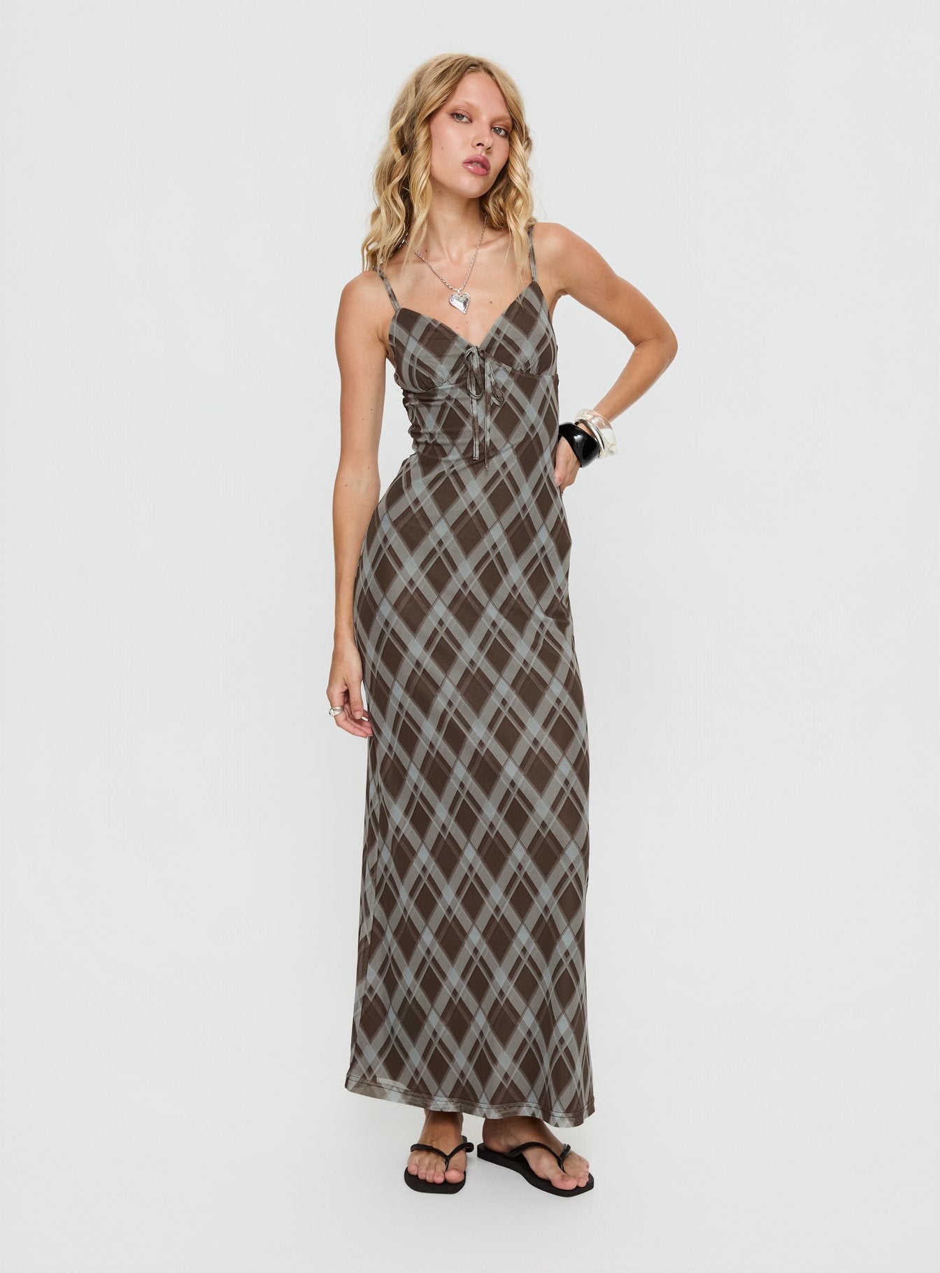 Idaline V Neck Maxi Dress Navy Check | Princess Polly
